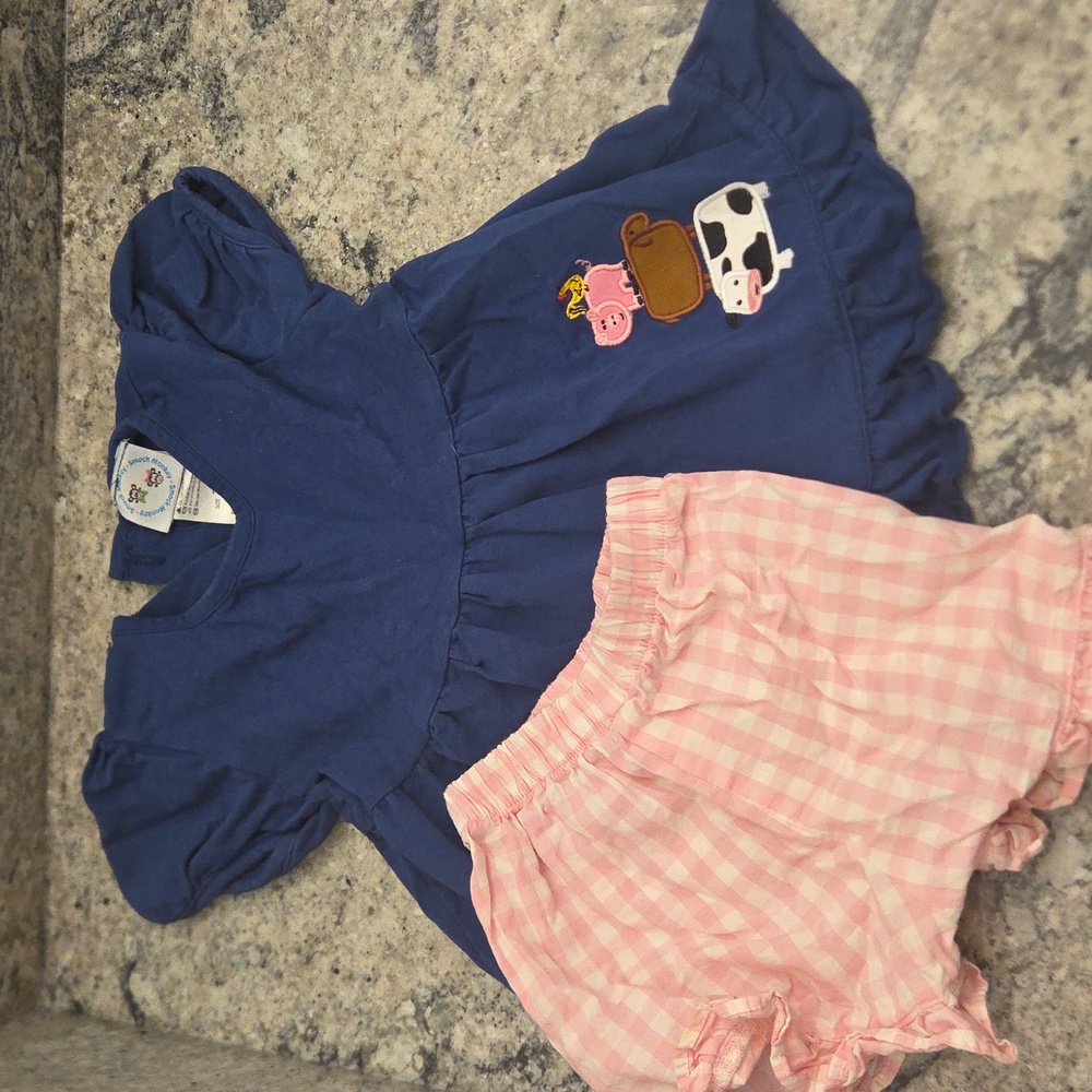 Smock Monkey Blue Dress with Pink Gingham Shorts Set Sz 24 Month